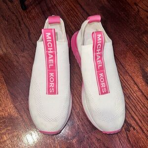 Michael Kors White and Hot Pink Knit Slip-On Sneakers